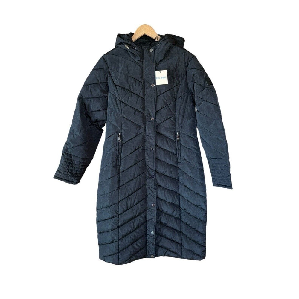 Steve Madden Women's Size M Black Long Quilted Winter Hooded Puffer Coat - New
